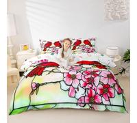 Juego de ropa de cama con estampado de cardenales del norte, tamaño Super King, juego de funda de edredón con flores de cerezo rosa, 3 piezas para niños, niñas y adultos, decoración de habitación