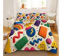 Juego de Ropa de Cama con Patrón Geometría De Juego Arcade De Colores Tamaño 155x220cm | Set Geométrico Retro De Los 80 de Funda de Edredón de Poliéster,Ideal para Todas Las Estaciones