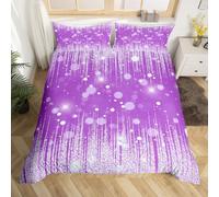 Juego de ropa de cama con purpurina brillante, tamaño L, diseño de lunares con lentejuelas brillantes, juego de funda nórdica para niños, rayas plateadas moradas estrelladas galaxia suave funda para