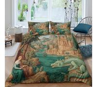 Juego De Ropa De Cama Dama, dragón Medieval, montañas, Castillo y Paisaje acuático,impresión 3D Funda De Edredón,Funda Nórdica 3 Piezas,con Funda De Almohada para Niñas Y Niños Double（200x200cm）