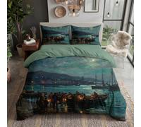 Juego de Ropa de Cama de 135x200cm Funda nórdica Reversible con Puerto Retro, Tela Suave al Tacto Funda de edredón Muelle Un Pueblo Pesquero con Fundas de Almohada de 50 x 75cm, Azul Verdoso