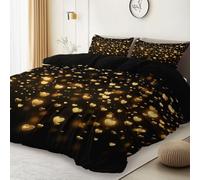 Juego de ropa de cama de 180 x 200 cm, diseño de corazón bokeh amor, suave, con 2 fundas de almohada de 80 x 80 cm, para dormitorio y adultos, no necesita planchado, color dorado y negro, apto para