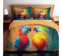 Juego de ropa de cama de 180 x 200 cm, diseño de dibujos animados, diseño de loros de la selva, 2 piezas, color amarillo, microfibra suave, reversible, con cremallera y funda de almohada de 80 x 80 cm