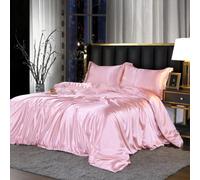 Juego de ropa de cama de 200 x 200 cm, color rosa claro, rosa claro, rosa, brillante, suave, satén brillante, funda nórdica para cama de matrimonio de verano, juego de ropa de cama de 3 piezas y