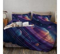Juego De Ropa De Cama De 3 Piezas,260X220Cm Fundas Edredón Dibujos Lineales Planetarios Suave Funda Nórdica Ilustraciones Ciencia Ficción Espacial Reversible con 2 Funda De Almohada, Morado Oscuro