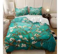 Juego de Ropa de Cama de 3 Piezas Cama 135 cm, Pintura Al óLeo de Flores de Albaricoque Juego de Cama Doble de Microfibra Suave, Azul Funda de EdredóN para Adultos y Niños 220x220 cm