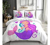 Juego de ropa de cama de 3 piezas con funda de almohada para niños y niñas, diseño de cuento de hadas y sirenas, diseño de sirena, diseño de caballito de mar, transpirable, suave funda de edredón (220