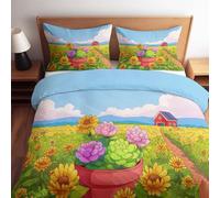 Juego de ropa de cama de 3 piezas, diseño de girasoles, granero, no necesita planchado, funda nórdica de 180 x 200 cm, color azul cielo, suave microfibra, funda nórdica con cremallera y 2 fundas de