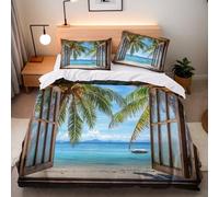 Juego de Ropa de Cama de 3 Piezas,Microfibra Suave Transpirable Ventanas Falsas Playa Paisaje Juego de Fundas Edredón con 1 Funda Nórdica 135x200cm+2 Funda de Almohada 50x75cm