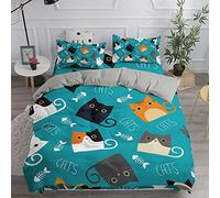Juego de Ropa de Cama de 3 Piezas, Treer 3D Gato Impresión Microfibra Juego de Fundas de Edredón Incluye Funda Nórdica y Funda de Almohada (Turquesa,200x200cm)