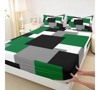 Juego de ropa de cama de arte abstracto moderno, tamaño doble, sábana bajera con patrón geométrico de cuadrícula cuadrada, sin sábana superior, juego de sábanas color verde, gris y negro, para