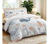 Juego de ropa de cama de dibujos animados de animales medusas ballenas, suave y transpirable, color gris, funda nórdica reversible con cremallera, vida marina, decoración de dormitorio, microfibra