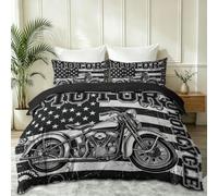 Juego de ropa de cama de estilo americano retro, 100 % microfibra, color negro, con diseño de bandera de los Estados Unidos, diseño de moto y letras, juego de ropa de cama supersuave con 2 fundas de