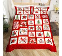 Juego de ropa de cama de Feliz Navidad tamaño L, patchwork rojo tema de Navidad a cuadros juego de funda nórdica para niños, cardenales bayas campanas floral pino suave cubierta cómoda, cremallera