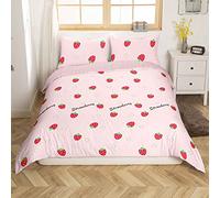 Juego de ropa de cama de fresa para niñas, con estampado de fresa kawaii, funda de edredón para niños, adolescentes, funda de edredón de rayas rosas, transpirable, bonita colcha de frutas, decoración