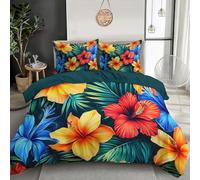 Juego De Ropa De Cama De Hojas De Hibisco Impresión 3D,Juego De Ropa De Cama De Pintura Al Óleo Tropical 3 Piezas,Juego De Funda De Edredón De Microfibra con Cremallera 220X260Cm Rojo Anaranjado