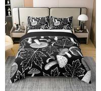 Juego de ropa de cama de hongos para niños y niñas, diseño de hojas de arce de la selva, funda de edredón retro de setas, color negro y blanco, decoración de dormitorio de niños, 2 piezas, individual