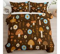 Juego de Ropa de Cama de Microfibra de 150 x 220 cm Patrón Retro De Setas Y Flores Reversible Suave Cuidado Fácil Ropa De Cama Funda Nórdica Edredón Juego De Cama con Funda De Almohada, Marrón Café