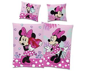 Juego de ropa de cama de Minnie Mouse, reversible, diseño de corazón, 135 x 200 cm + 80 x 80 cm, 100% algodón, linón de calidad, con cremallera YKK, renforcé Minnie Mouse, Disney Mickey Sweet Love,