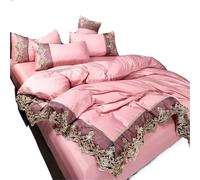 Juego de Ropa de Cama de Seda Juego de Cama Cuatro Piezas Estilo Princesa con Encaje Grande, Falda Seda Lavada Hielo y cubrecama Blanco(Color 3,2.0m Four Piece Set)