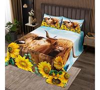 Juego de ropa de cama de vaca de tierras altas, tamaño M, animales salvajes de ganado occidental, casa de campo, funda de edredón de madera para niñas, adolescentes, acuarela, girasoles, floral, suave