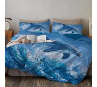Juego De Ropa De Cama Delfines Saltando Fuera del Agua 200x200cm, Suave Y Transpirable Pintura Al Óleo Retro De Animales Juego De Fundas De Edredón Incluye 1 Funda Nórdica Y 2 Fundas de Almohada
