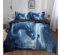 Juego de Ropa de Cama Fantasía Cuento De Hadas Dragón Princesa, Funda de Edredón y 2 Funda de Almohada Microfibra Estampado Respirable Cremallera Diseño para niñas niños, 150 x 220 cm Azul Oscuro