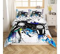 Juego de ropa de cama, funda de edredón con diseño tinta de acuarela y estampado de mando de consola de videojuegos, para niños y niñas, todas las estaciones, color negro, 3 piezas, tamaño Super King