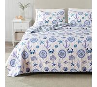 Juego de Ropa de Cama matrimonial/Queen, Colcha Costera de Verano con Fundas de Almohada, Juego de Colcha Reversible de Playa de 3 Piezas, Colcha Acolchada náutica Ligera. Colección Azure, Conchas