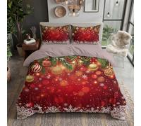 Juego de Ropa de Cama Navidad Fondo Microfibra | Bolas Decorativas Copos De Nieve, Funda de Edredón 240x220cm, 2 Fundas de Almohada 50x75 cm, Cremallera, Fácil de Cuidar, Suave Piel