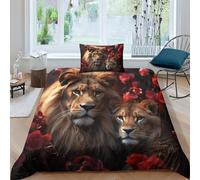 Juego De Ropa De Cama para Leones Rosas con Impresión En 3D, Juego De Funda para Edredón Fauna con Cremallera, Niños Adultos Funda Single（135x200cm）