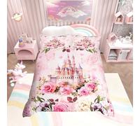 Juego de ropa de cama para niñas, diseño de castillo de princesa, juego de funda de edredón con diseño de castillo de ensueño y rosas rosas, juego de funda de edredón de 3 piezas, tamaño Super King