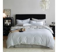 Juego de ropa de cama Queen Size con funda nórdica, 100% algodón lavado, tacto lino, súper suave y transpirable. Juego de 4 piezas con rayas sencillas. Incluye 1 funda nórdica y 2 fundas de almohada.