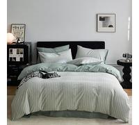 Juego de ropa de cama Queen Size con funda nórdica, 100% algodón lavado, tacto lino, súper suave y transpirable, 4 piezas, rayas sencillas. El juego de sábanas incluye 1 funda nórdica y 2 fundas de a