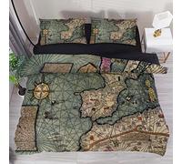 Juego de ropa de cama retro con fragmento de mapa del atlas catalán de 3 piezas ultra suave, para niños y niñas, 1 funda de edredón con 2 fundas de almohada, cierre de cremallera y 4 lazos de esquina