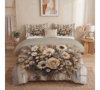 Juego de Ropa de Cama Reversible Three-Dimensional Flowers, 240x220cm, Funda nórdica de 3 Piezas con 2 Fundas de Almohada de 50x75cm, Beige, Rose and Sunflower Lines, con Cremallera