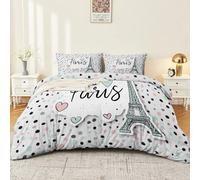 Juego de ropa de cama romántica francesa de 240 x 220 cm, diseño de la Torre Eiffel con corazones, lunares, suave microfibra, color crema, reversible, funda nórdica y 2 fundas de almohada de 80 x 80