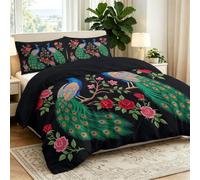 Juego de ropa de cama tropical bohemia de 220 x 240 cm, suave microfibra, funda nórdica con cremallera, diseño de animales de pavo real, rosas y hojas, reversible, para todas las estaciones, color