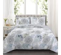 Juego de ropa de cama y edred n reversible de algod n 100 % con estampado floral gris y cinta azul agua de Nina Trista Flowers (3 piezas, tama o