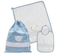 Juego de ropa de guardería para bordar en punto de cruz, tres piezas, bolsa toallita y babero, juego de guardería de esponja blanca con tela Aida, punto de cruz, fantasía a cuadros con cara de osito