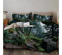Juego De Ropa De Nubes Bosques Caminos 240x220cm, Suave Y Cómoda Fundas Nordicas Paisajes Naturales Realistas con Cremallera Colcha Funda De Edredón Incluir 2 Fundas de Almohada, Verde Profundo
