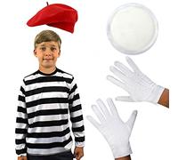 Juego de ropa para niños de estilo francés MIME FANCY Dress School Curriculum Libros de la semana de rayas negras con guantes blancos rojos y pintura de cara blanca, talla XL