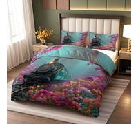 Juego de Ropa Tren del Mar De Flores 220x200cm,Patrones RetroJuego de Funda para Edredón con Cremallera,Florales Coloridos Microfibra Suave Funda Nordica con 2 Fundas de Almohada 50 x 75 cm