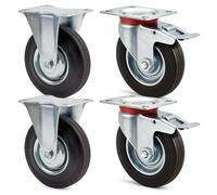 Juego de ruedas 200 mm 2 x ruedas giratorias doble freno y 2 x ruedas fijas goma maciza 150 kg/rueda
