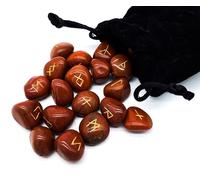 Juego de runas de piedras preciosas, jaspe rojo, 25 piedras de aprox. 20 mm, en bolsa de terciopelo, mitología vikinga, esoterismo, meditación, magia (jaspe rojo, grabado dorado)