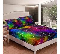 Juego de sábana ajustable, diseño multicolor de galaxia, espacio exterior, universo, cielo estrellado, arco iris, nebulosa, para niños, tamaño King