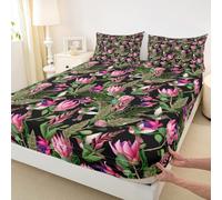 Juego de sábana bajera ajustable con 2 fundas de almohada, diseño de hojas florales rosadas, funda de colchón de microfibra con diseño de colibrí, flores de acuarela, tamaño King (sin sábana encimera)