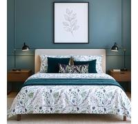 Juego de Sábanas 100% Algodón Blanco con Estampado Hojas y Fruta Azul - 3 o 4 Piezas (Bajera + Encimera + 1 o 2 Fundas de Almohada) - Suave, Transpirable y Alegre - Varios Tamaños (CAMA 135)