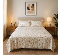Juego de Sábanas 100% Algodón - Estampado Floral de Rosas Ginkgo en Blanco - 3 o 4 Piezas: Bajera Ajustable, Encimera y Fundas de Almohada - Cama 90, 135, 150 cm - Suaves y Transpirables (Cama 135)