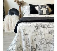 Juego de Sábanas 100% Algodón Suave - Estampado Toile de Jouy con Animales y Bosque - 3 o 4 Piezas: Bajera, Encimera y Fundas de Almohada - Cama 90, 135, 150 cm - Transpirables y Elegantes (CAMA 135)